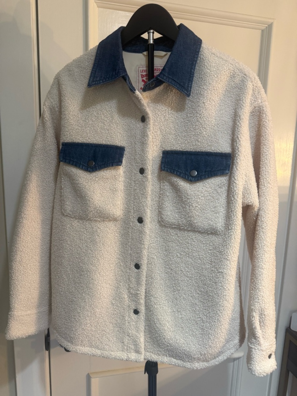 New Levi's Cream Sherpa Jacket with Blue Denim Trim